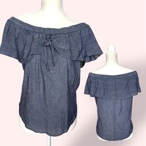 Naked Zebra Chambray Peasant Off-Shoulder Swing Top Ruffle & Tie Coastal Classic